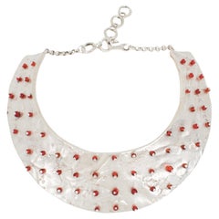 Biche de Bere Paris Brutalist Silver Plate Rigid Collar Necklace with Red Beads