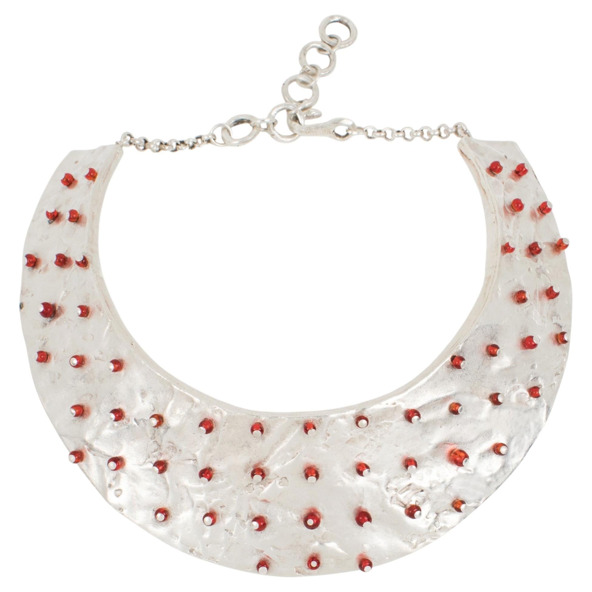 Biche de Bere Paris Silver Plate and Ruby Red Glass Seeds Collar Necklace