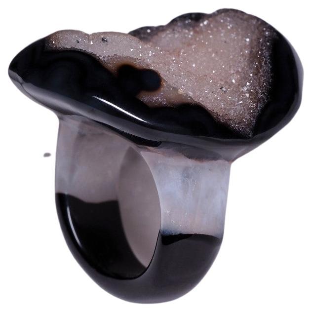 Large Bicolor Black Agate and Quartz Solid Ring Raw Natural Brazilian Gemstone For Sale 4