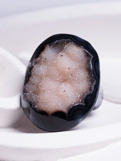 Large Bicolor Black Agate and Quartz Solid Ring Raw Natural Brazilian Gemstone
