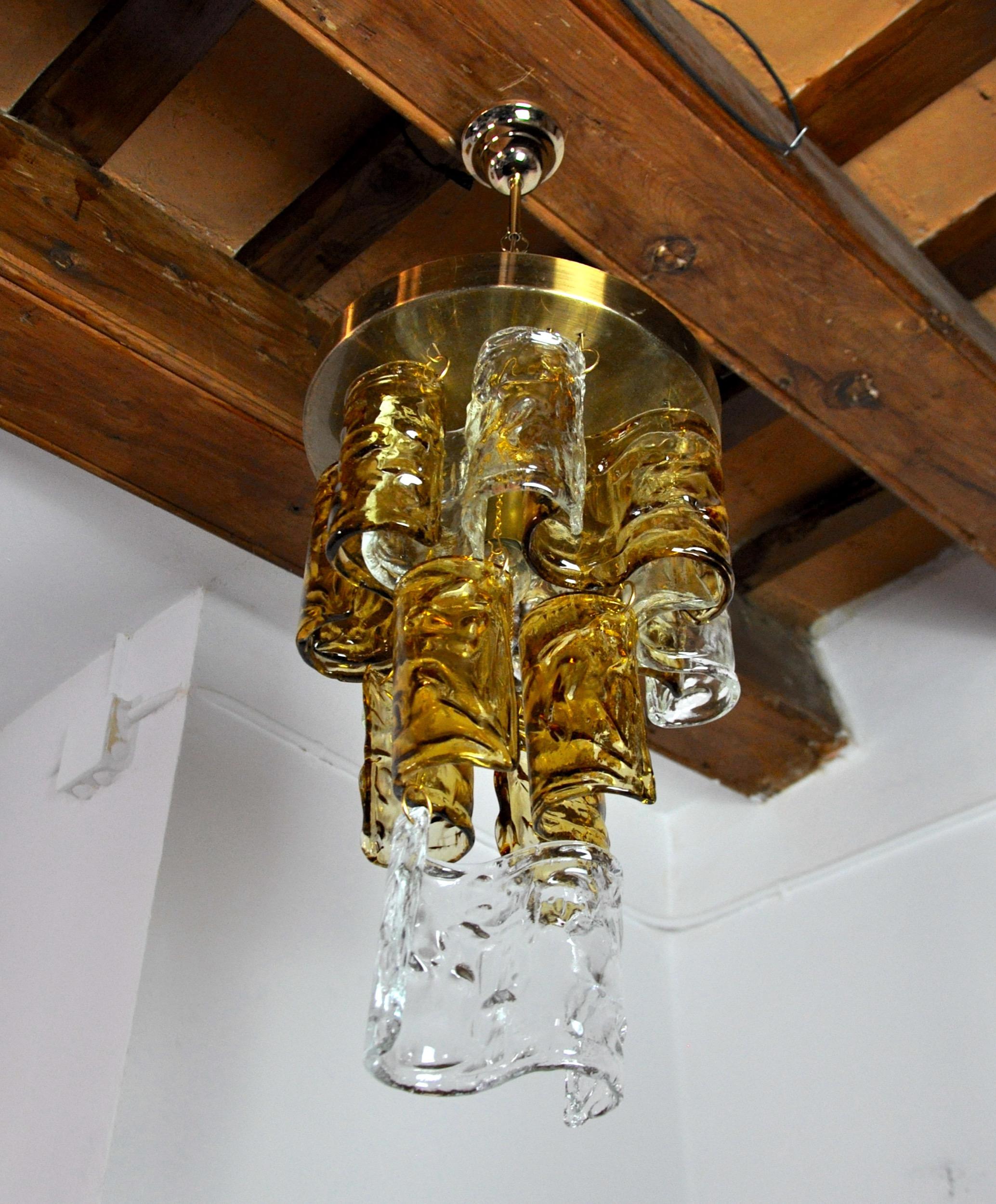 Italian Bicolor chandeliers waterfall by zero quattro orange & transparent murano glass For Sale