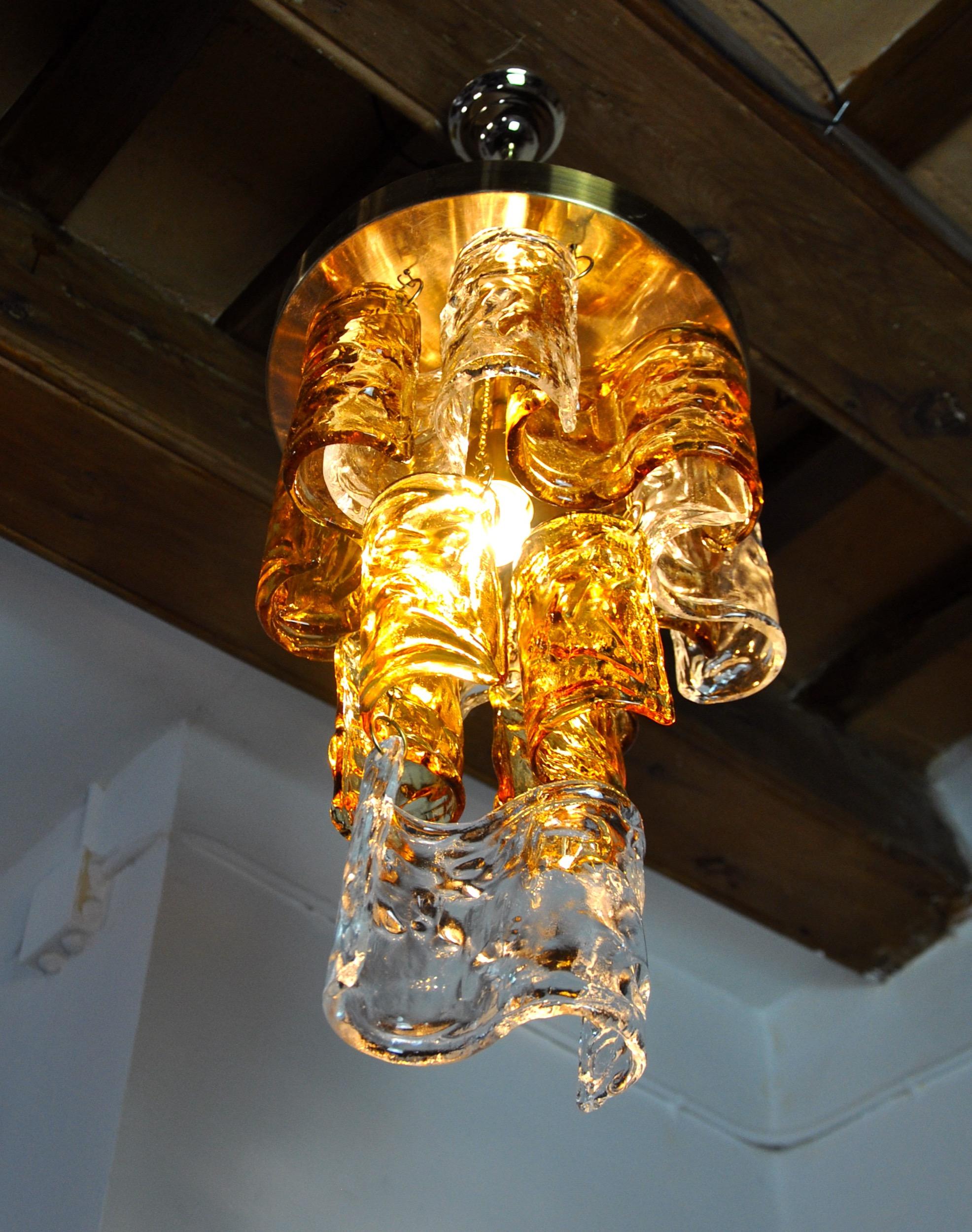 Crystal Bicolor chandeliers waterfall by zero quattro orange & transparent murano glass For Sale