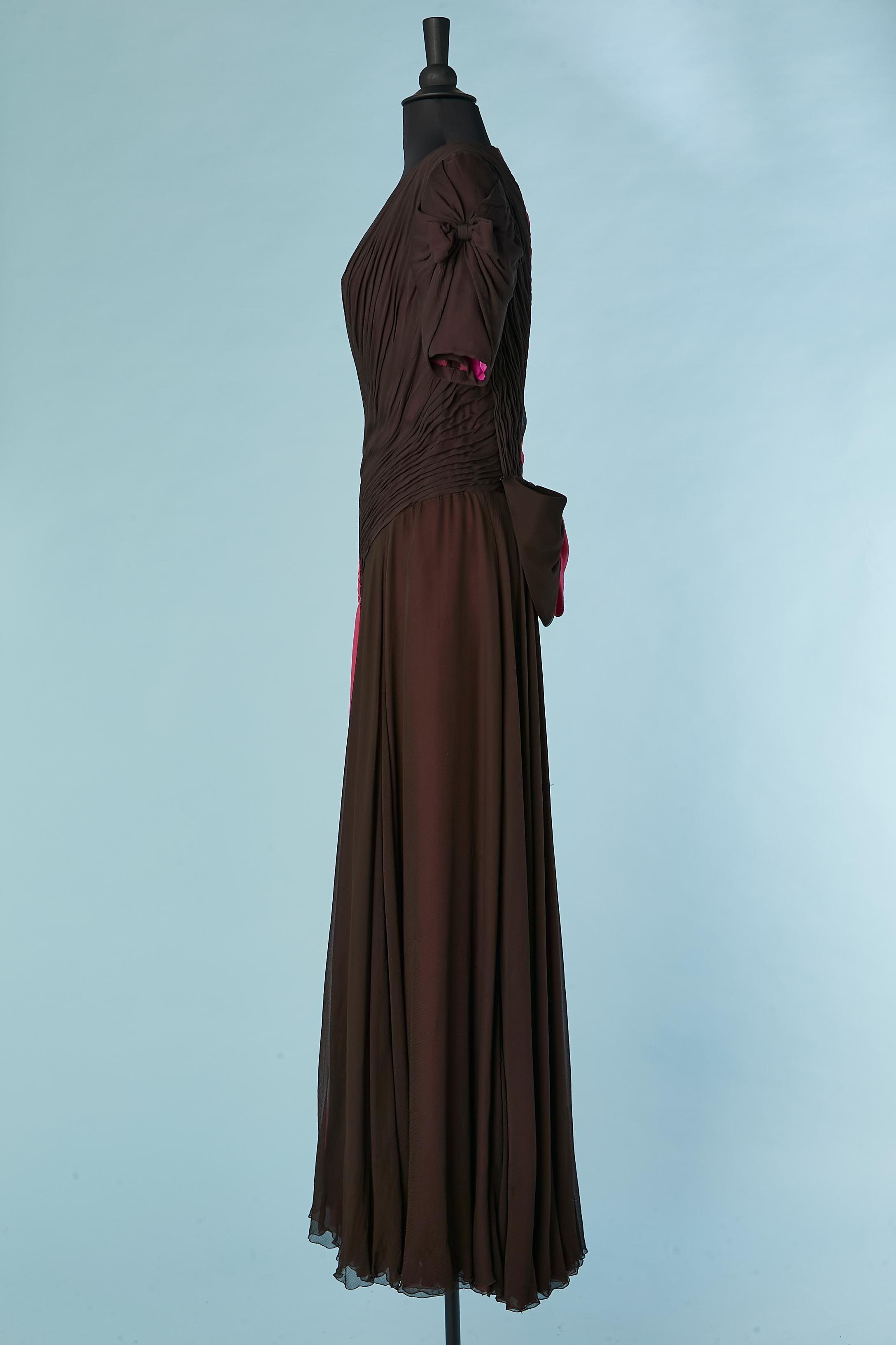 Bicolor drape silk chiffon evening dress with bow Hanae Mori Couture  For Sale 1
