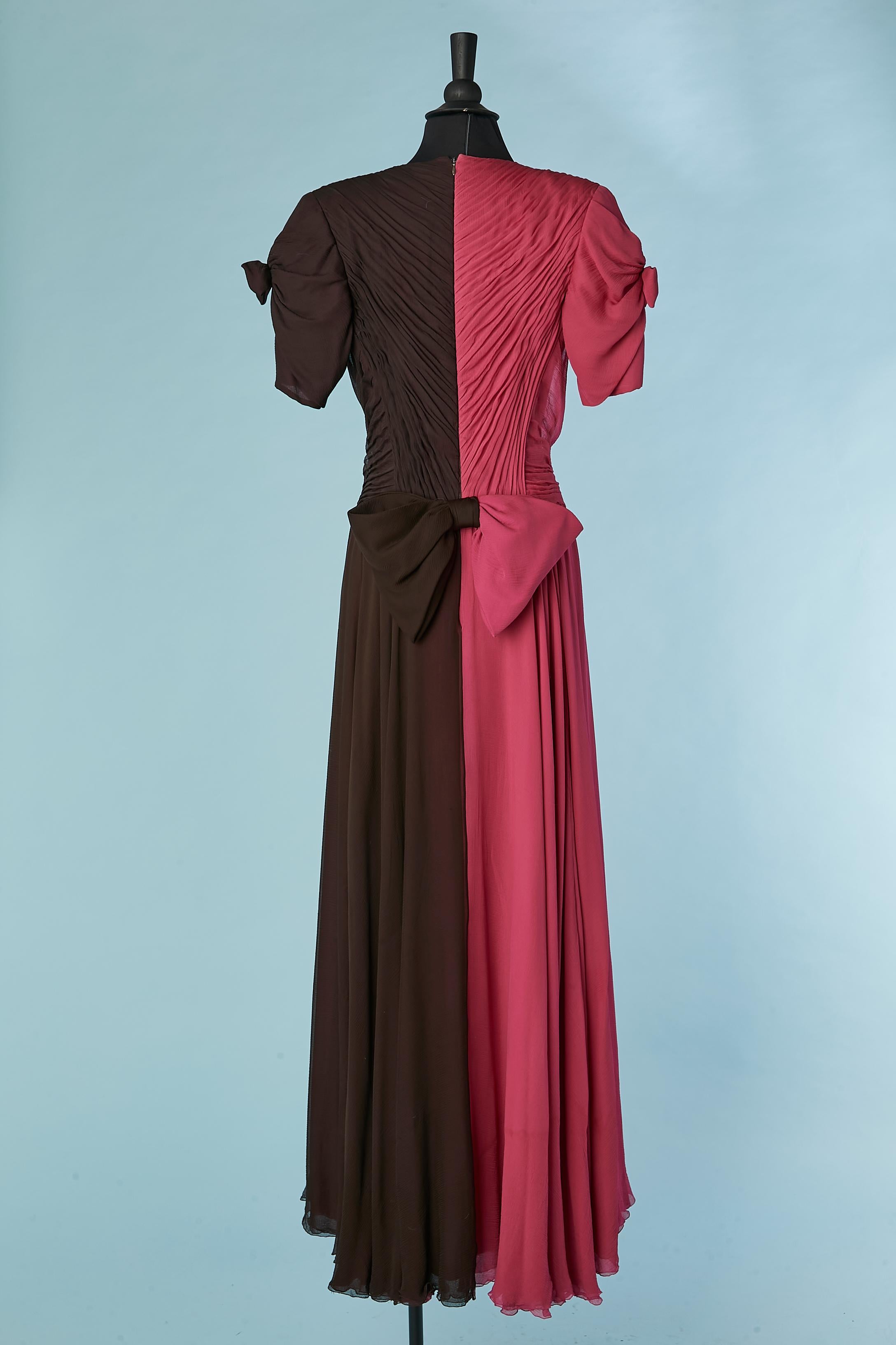 Bicolor drape silk chiffon evening dress with bow Hanae Mori Couture  For Sale 2