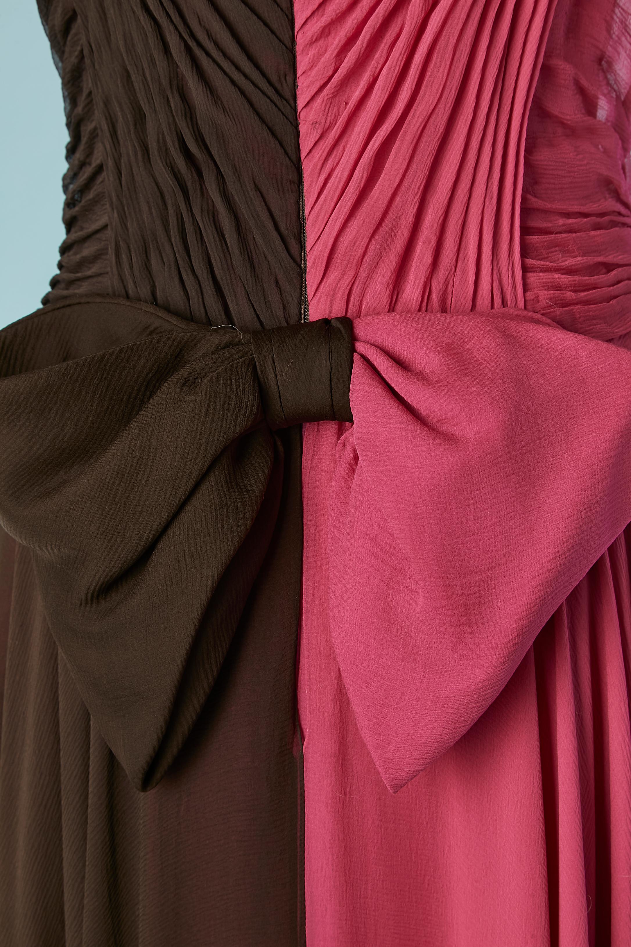 Bicolor drape silk chiffon evening dress with bow Hanae Mori Couture  For Sale 3