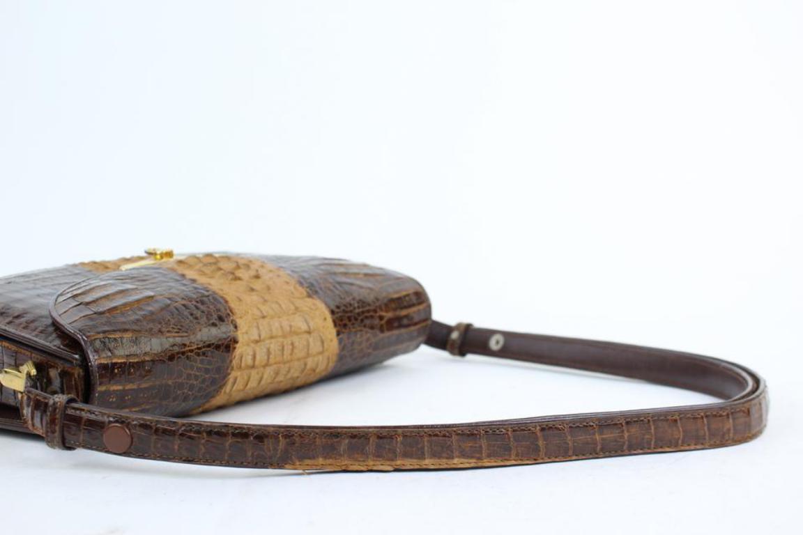 Bicolor Flap 11mt915 Chocolate Crocodile Skin Leather Cross Body Bag In Fair Condition For Sale In Forest Hills, NY
