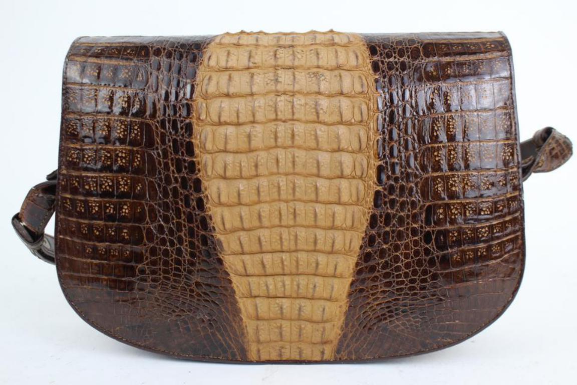 Women's Bicolor Flap 11mt915 Chocolate Crocodile Skin Leather Cross Body Bag For Sale