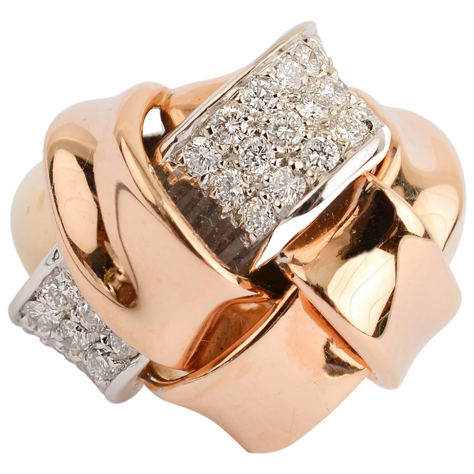 Bicolor Gold and Diamond Woven Ring For Sale