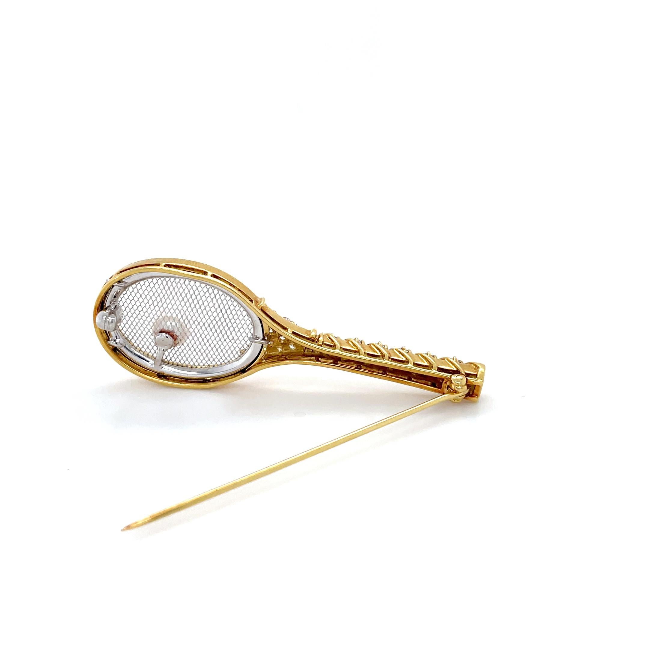 Brilliant Cut Bicolor Gold, Diamond and Pearl Tennis Racquet Brooch For Sale