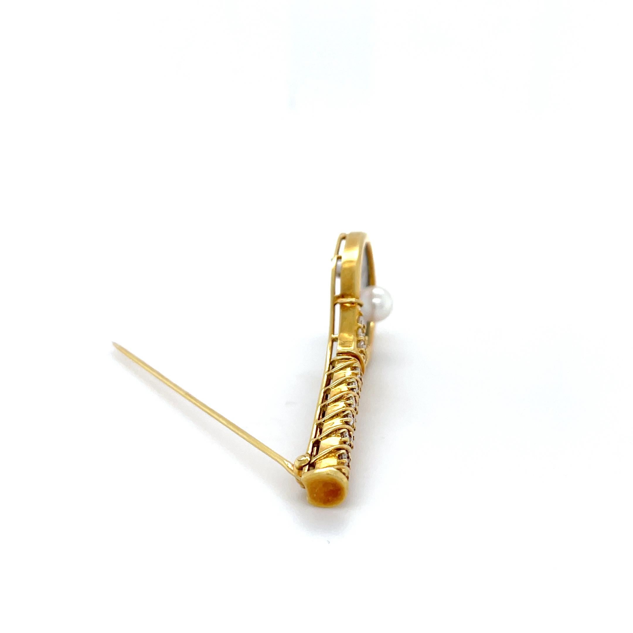 Bicolor Gold, Diamond and Pearl Tennis Racquet Brooch In Excellent Condition For Sale In Chicago, IL