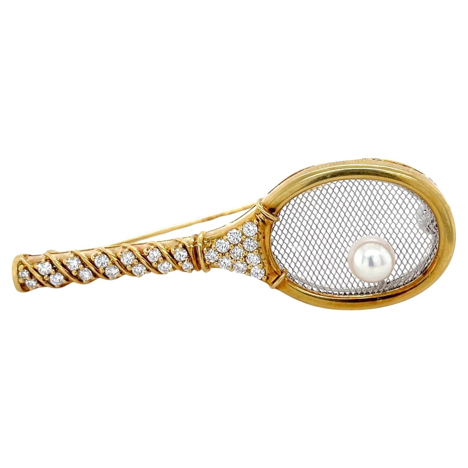 Bicolor Gold, Diamond and Pearl Tennis Racquet Brooch For Sale