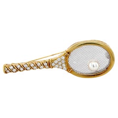 Bicolor Gold, Diamond and Pearl Tennis Racquet Brooch