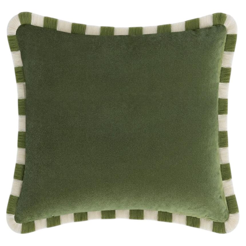 Coussin bicolore en velours vert Franges vertes et blanches