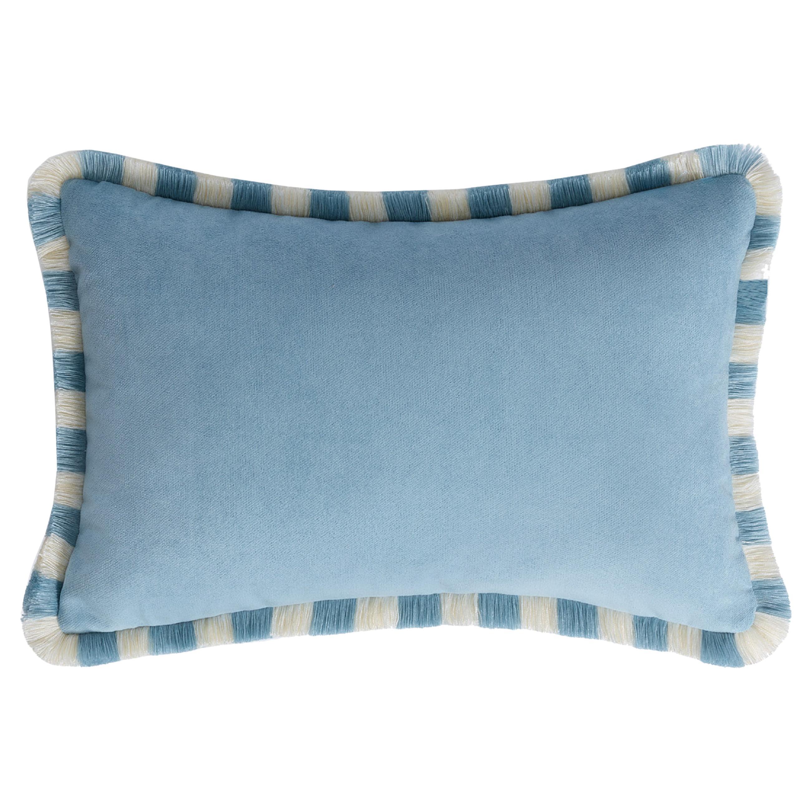 BICOLOR Happy Pillow Velours bleu clair avec franges bleu clair et blanches