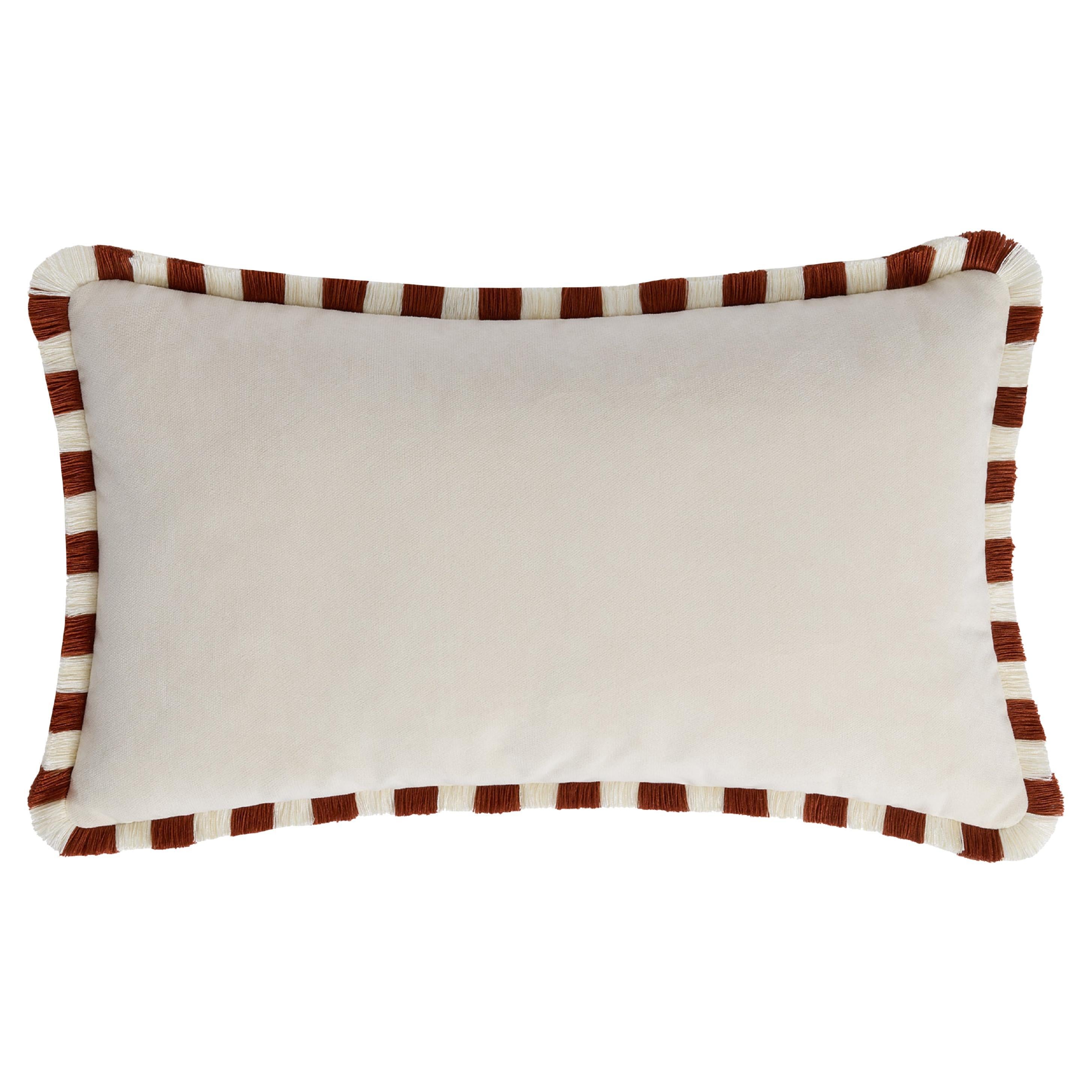 Cuscino BICOLOR Happy Velluto bianco con frange bianche e color mattone in vendita