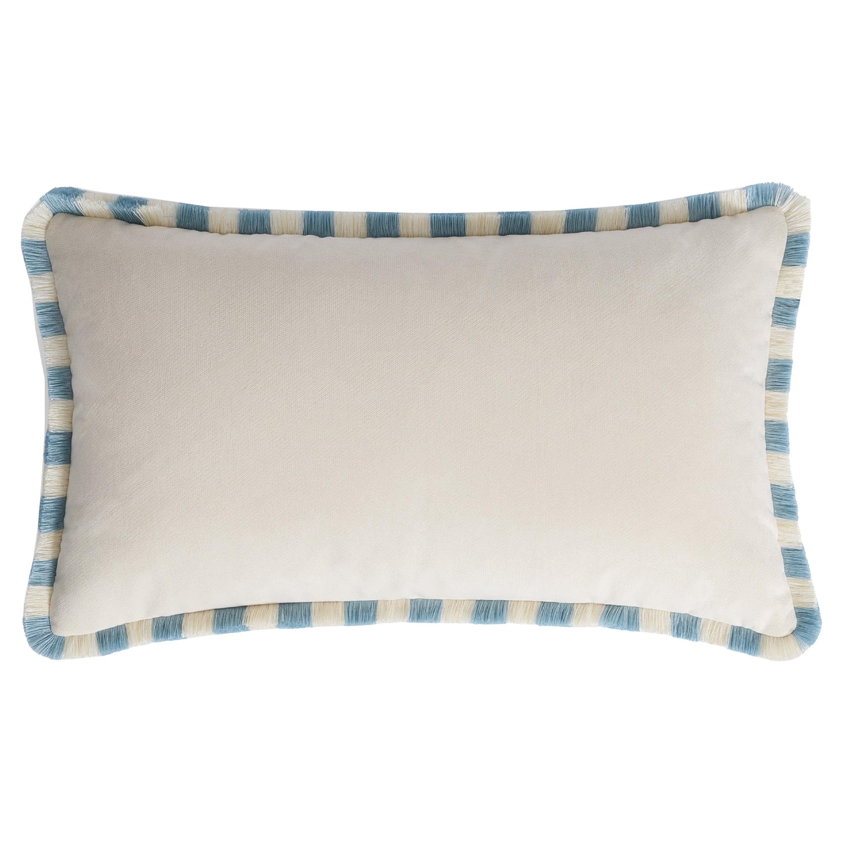 BICOLOR Happy Pillow Velours blanc avec franges bleu clair et blanches