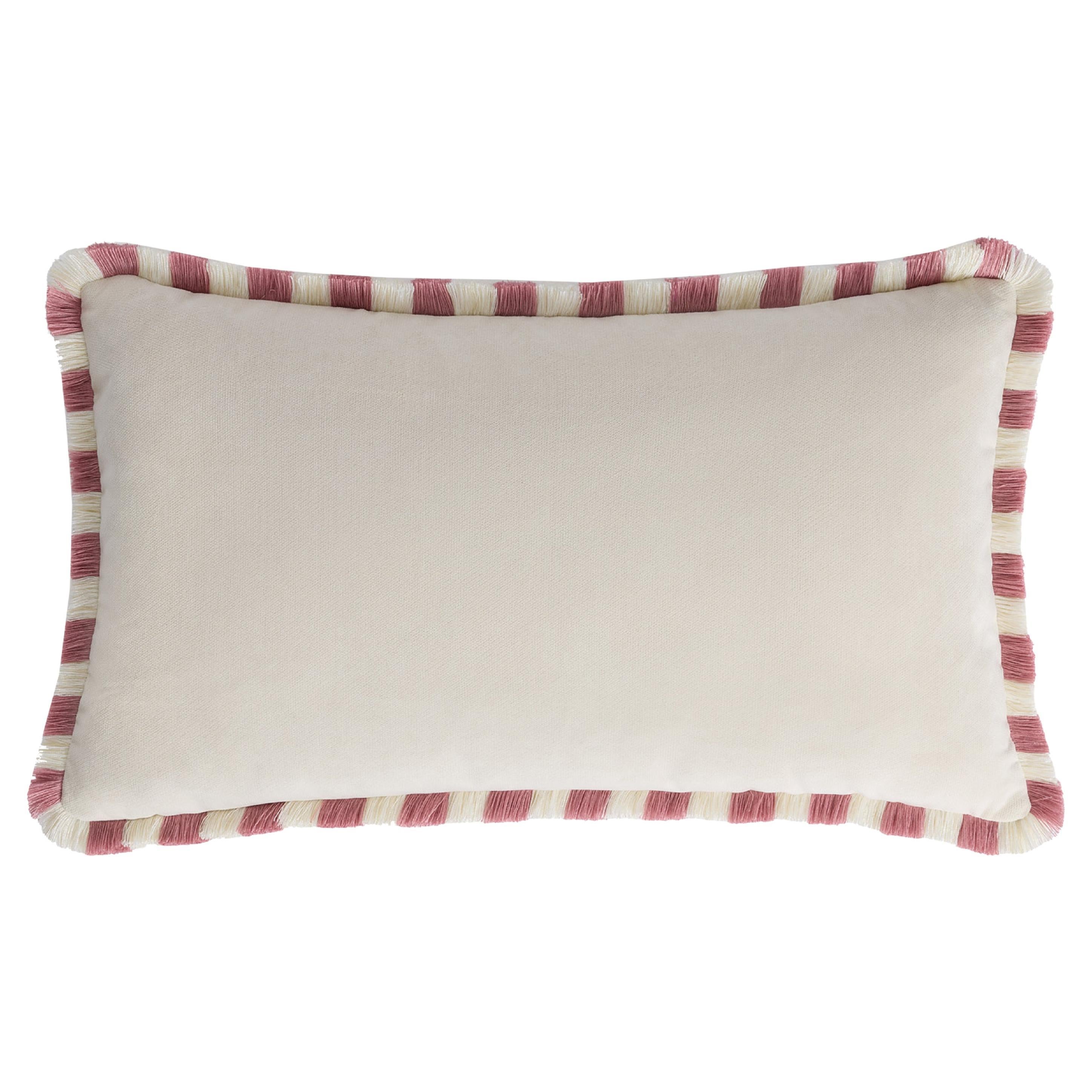 Cuscino BICOLOR Happy Velluto bianco con frange bianche e rosa chiaro