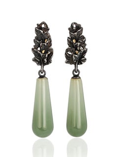 Bicolor Jade Earrings Patinated Silver Ivy Polychrome Gem Olive Green Pear Shape