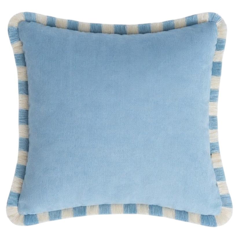 Coussin bicolore en velours bleu clair Franges bleu clair et blanches