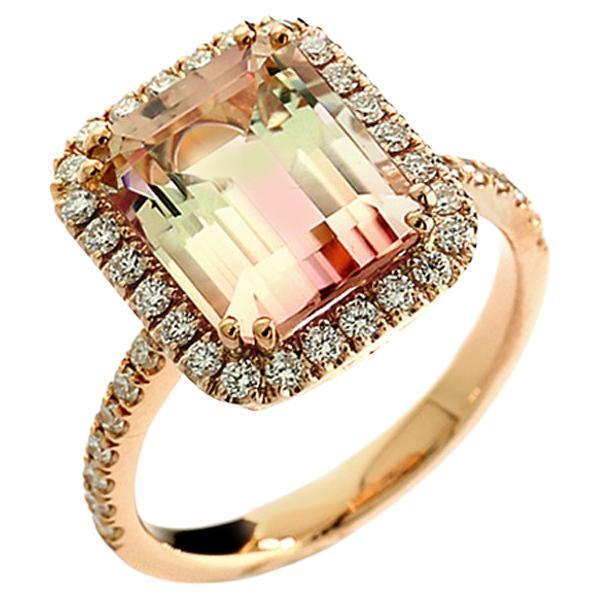 Bicolor natural Tourmaline & Diamonds 5.62 ct Ring 18Kt Pink Gold unique piece For Sale