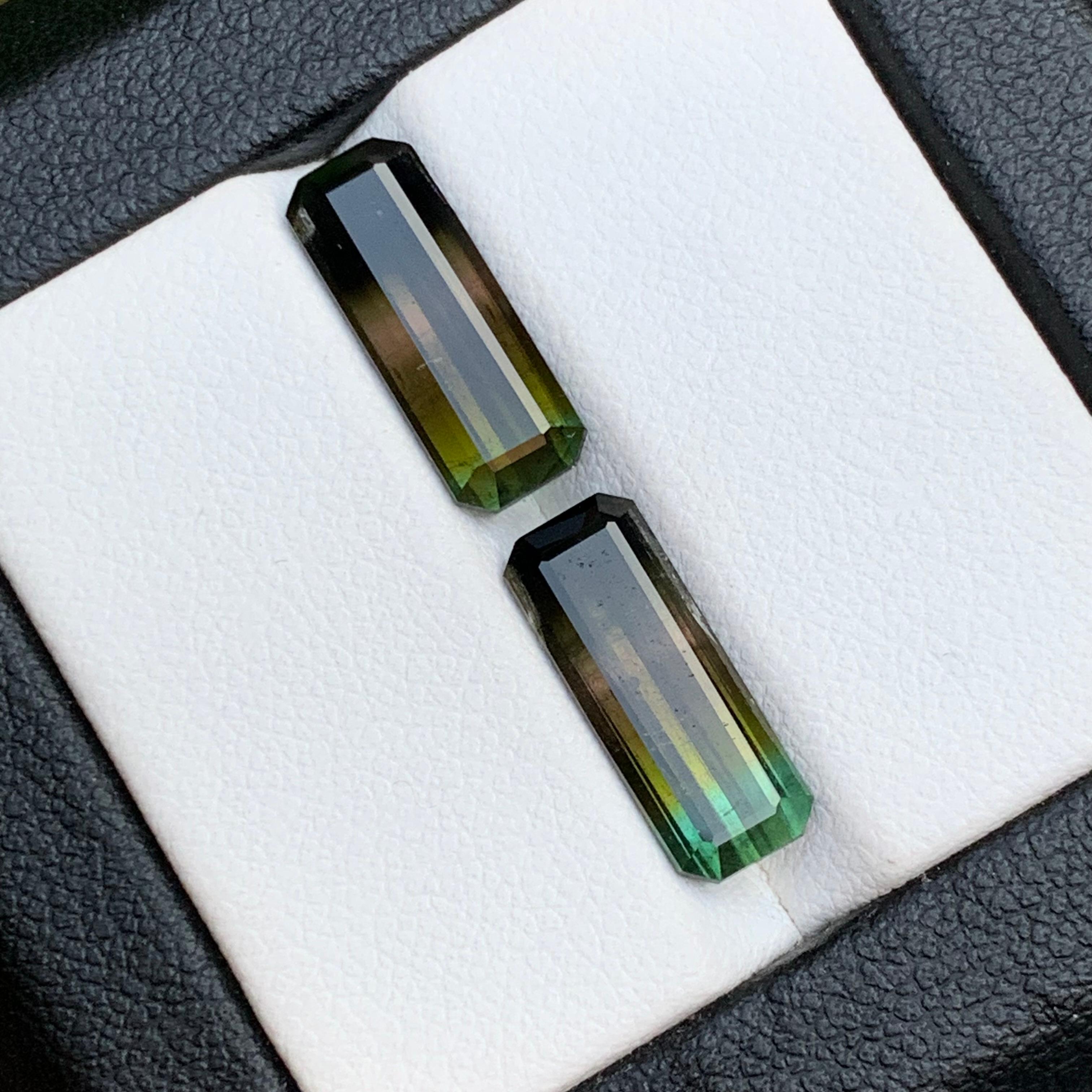 Women's or Men's Bicolor Natural Tourmaline Earrings Loose Gemstone Pair 6.30Ct Emerald Cut-Jewel For Sale