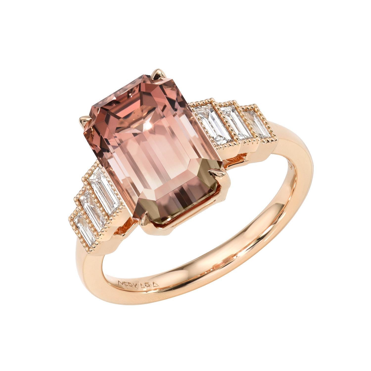 Remarkable Bicolor Tourmaline 5.07 carat Emerald Cut, 18K rose gold ring, decorated with a total of 0.39 carat collection baguette diamonds.
Ring size 6.5. Resizing is complementary upon request.
Returns are accepted and paid by us within 7 days of