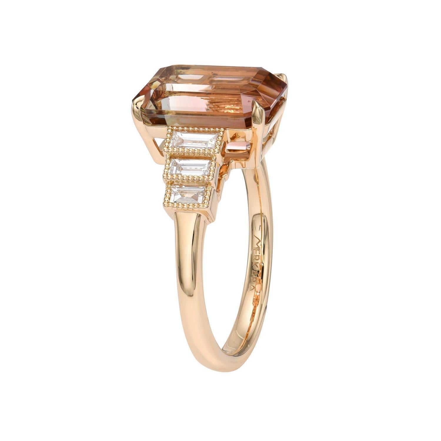 Art Deco Bicolor Pink Tourmaline Ring 5.07 Carat Emerald Cut Rose Gold For Sale