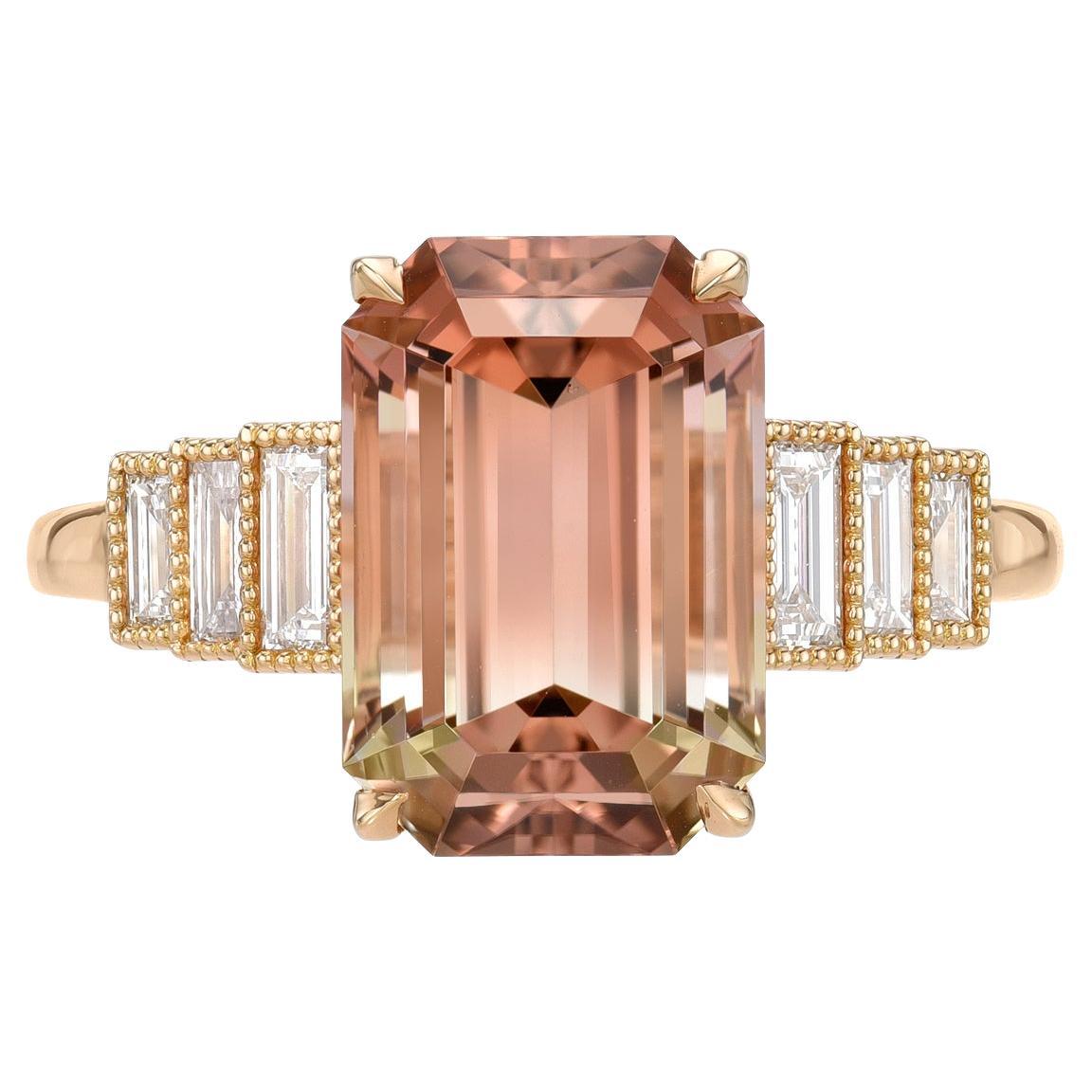 Bicolor Pink Tourmaline Ring 5.07 Carat Emerald Cut Rose Gold For Sale