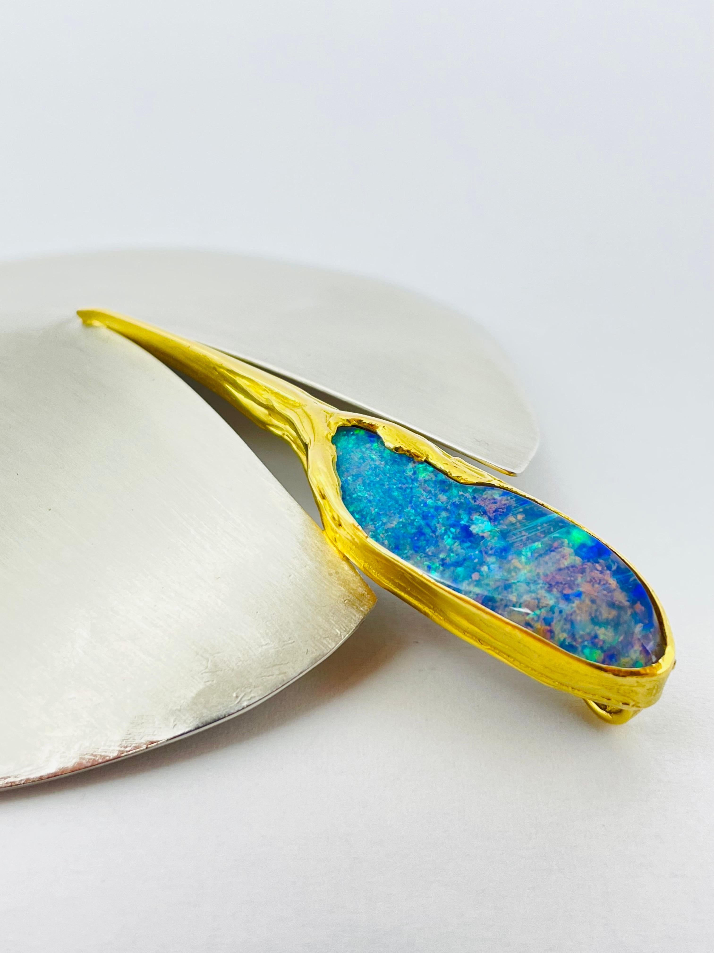 Bicolor Platinum/18k Gold Brooch-Pendant with Australian Opal, Unique For Sale 8