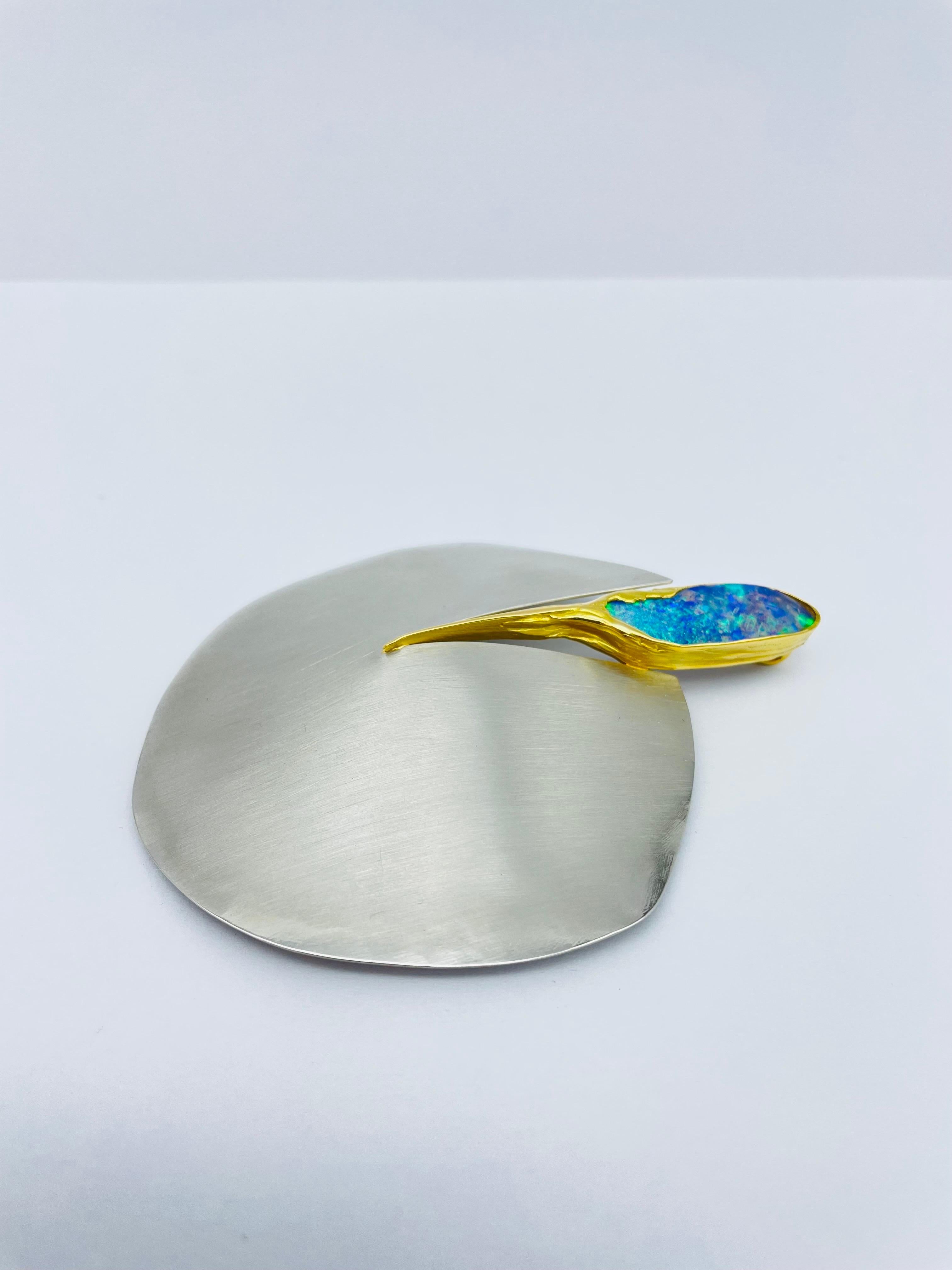 Modern Bicolor Platinum/18k Gold Brooch-Pendant with Australian Opal, Unique For Sale
