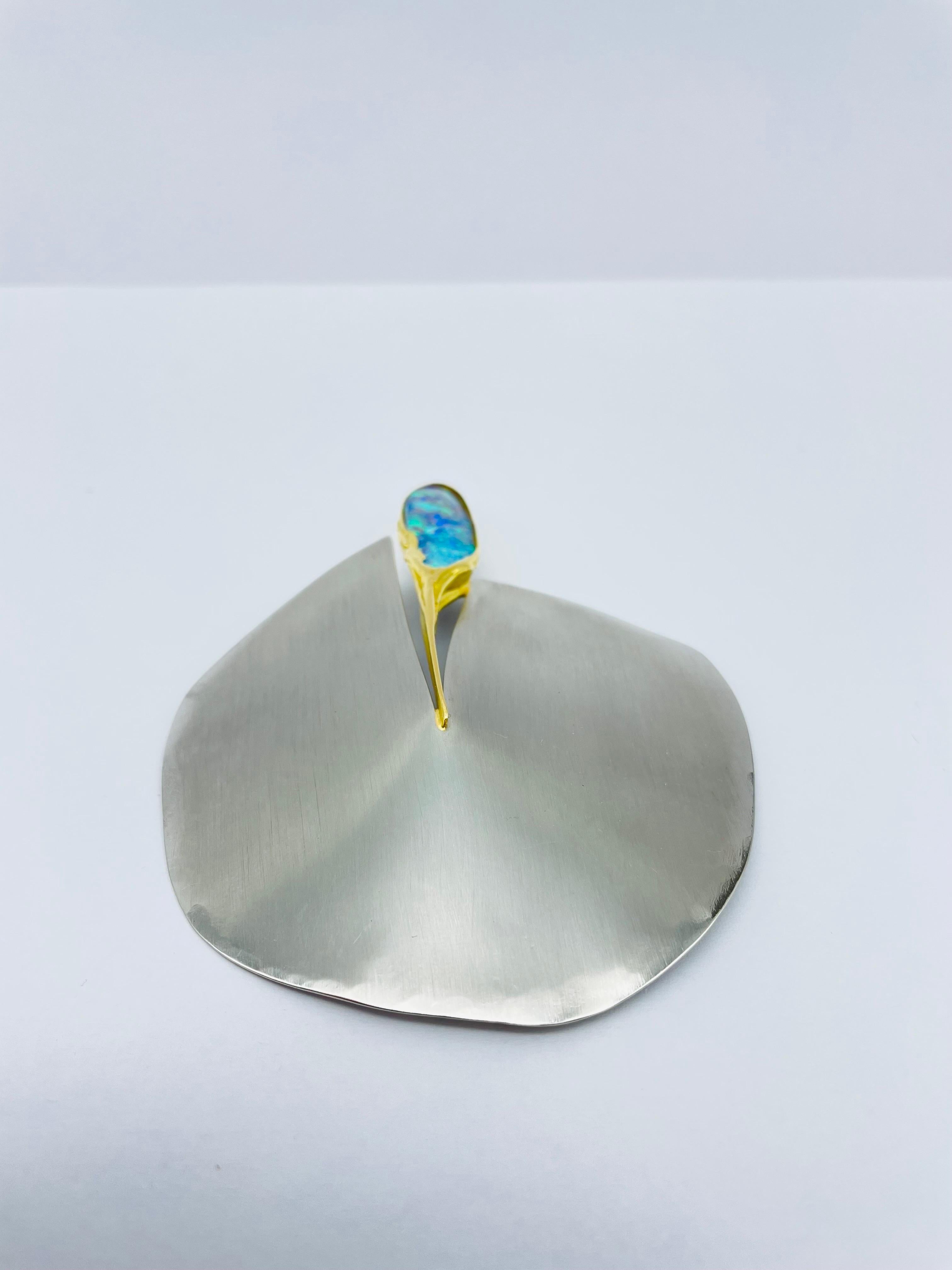 Oval Cut Bicolor Platinum/18k Gold Brooch-Pendant with Australian Opal, Unique For Sale