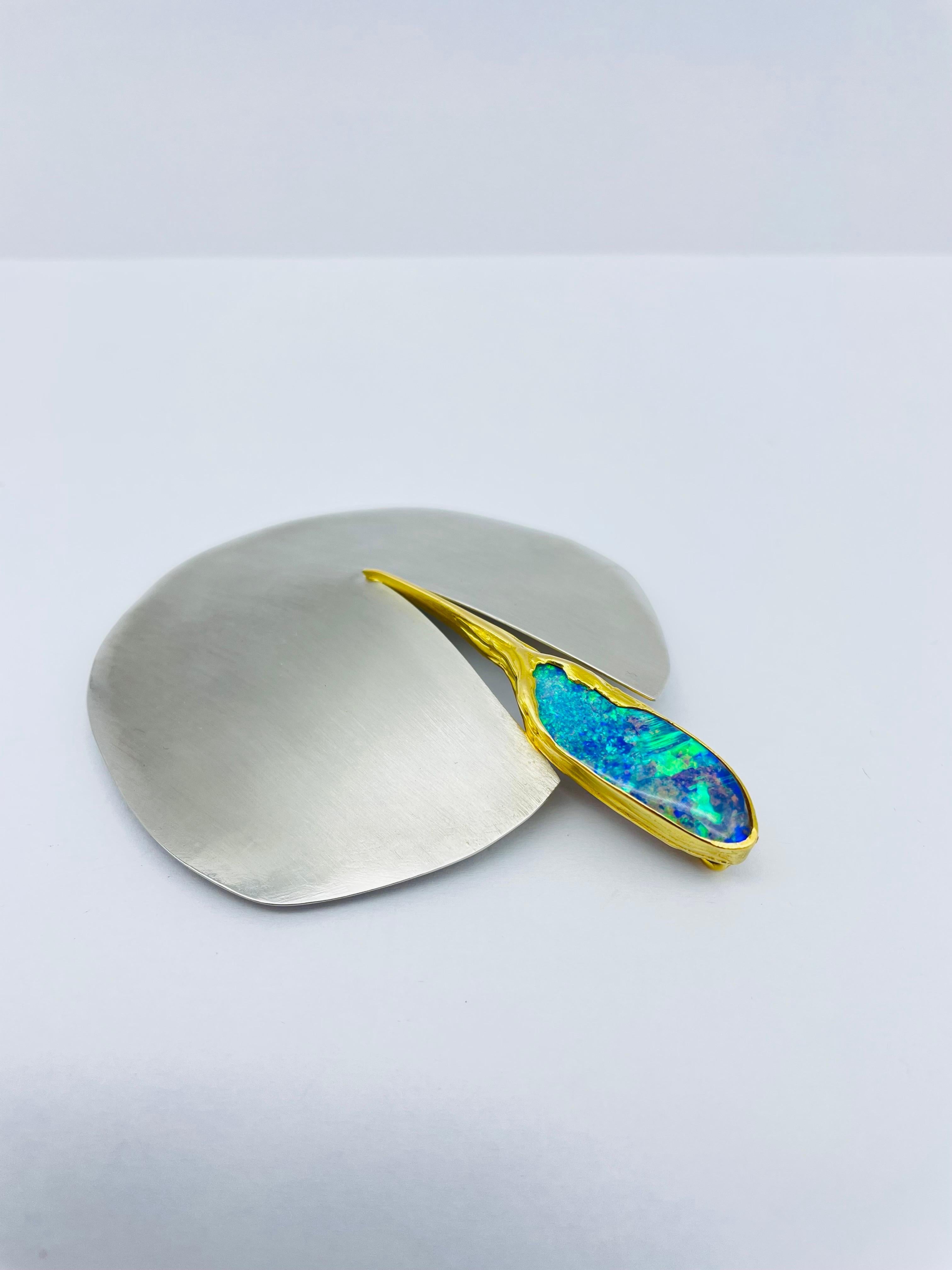 Women's or Men's Bicolor Platinum/18k Gold Brooch-Pendant with Australian Opal, Unique For Sale