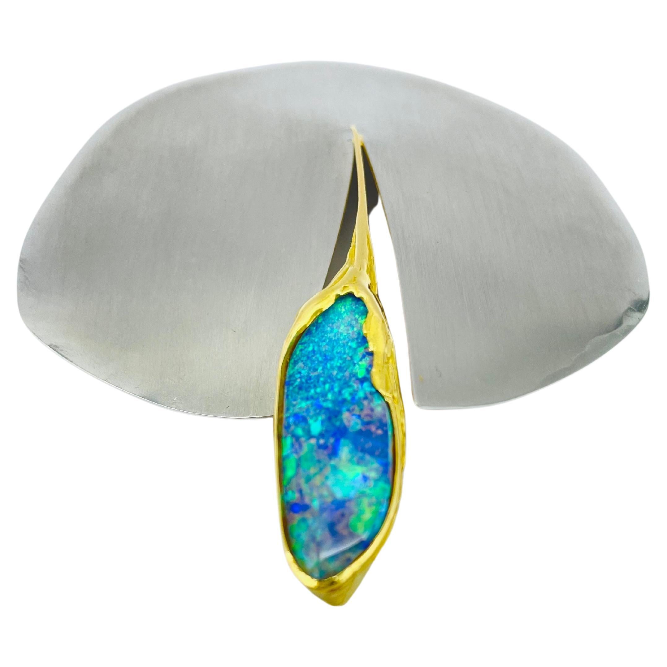 Bicolor Platinum/18k Gold Brooch-Pendant with Australian Opal, Unique For Sale