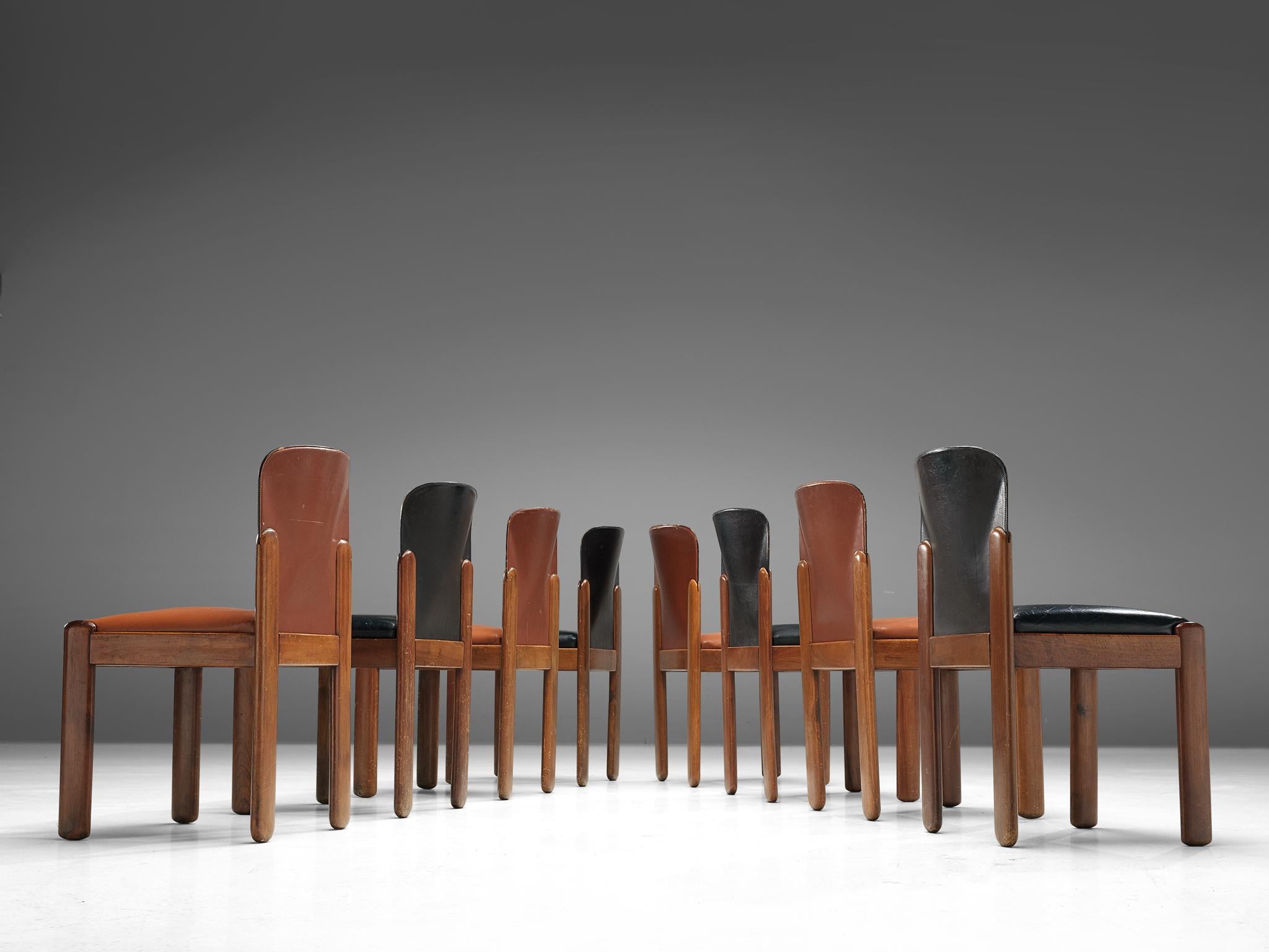 Beech Silvio Coppola for Bernini Set of Eight Dining Chairs in Black and Brown Leather
