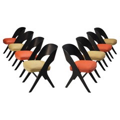 Bicolor Set of Eight Dark Stained Chairs in Red and Yellow Upholstery