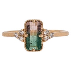Bicolor Tourmaline Ring w Earth Mined Diamonds in Solid 14K Yellow Gold EM 8x4mm