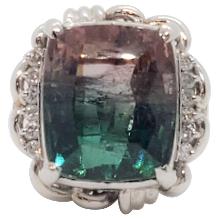 Bicolor Tourmaline Square Cushion and White Diamond Cocktail Ring For ...