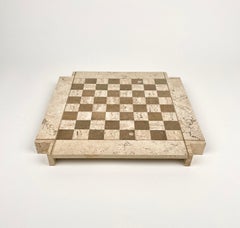 Bicolor Travertine Chess Game Angelo Mangiarotti Style, Italy, 1970s