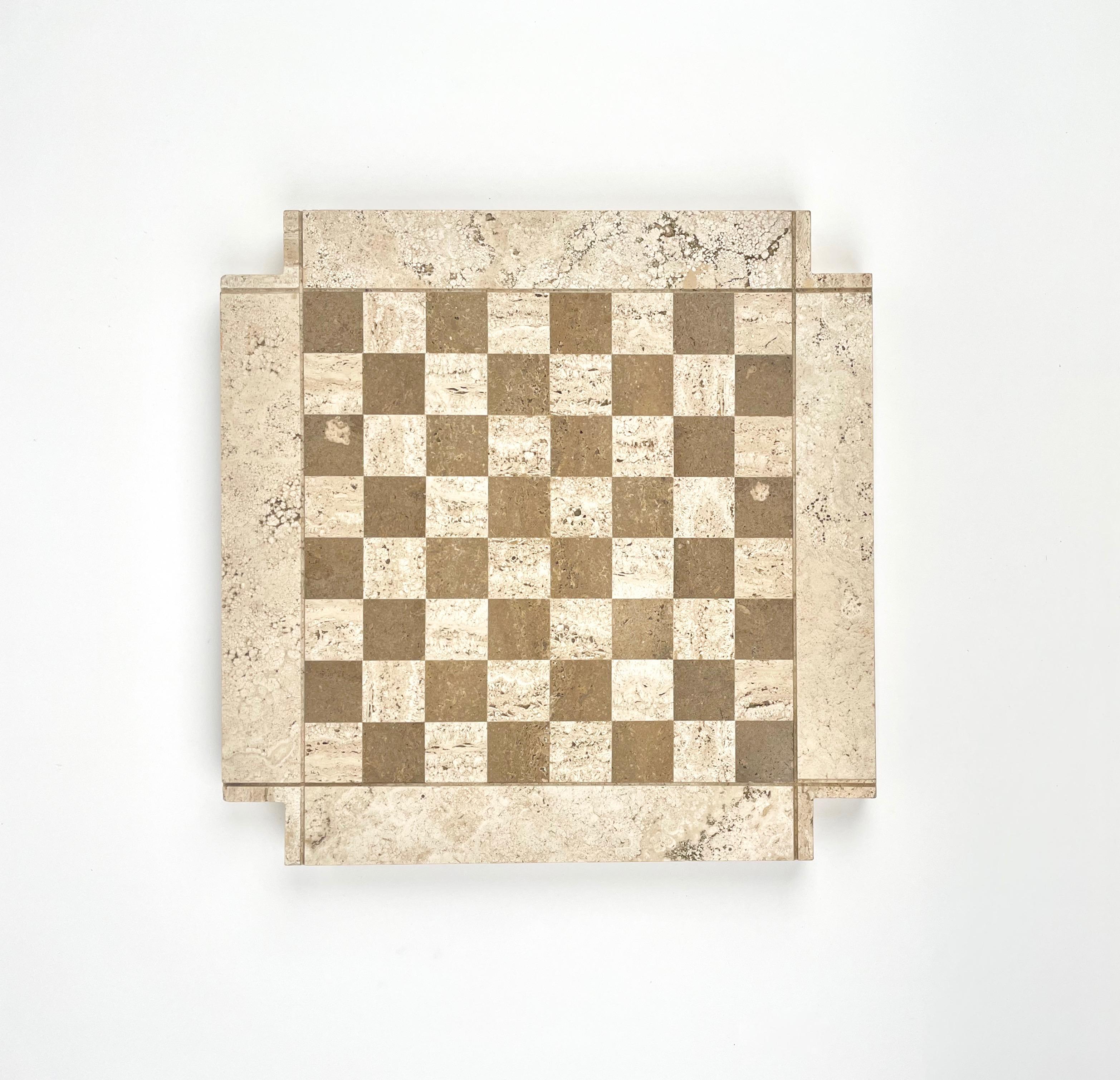 Mid-Century Modern Bicolor Travertine Chess Game Angelo Mangiarotti Style, Italy, 1970s For Sale