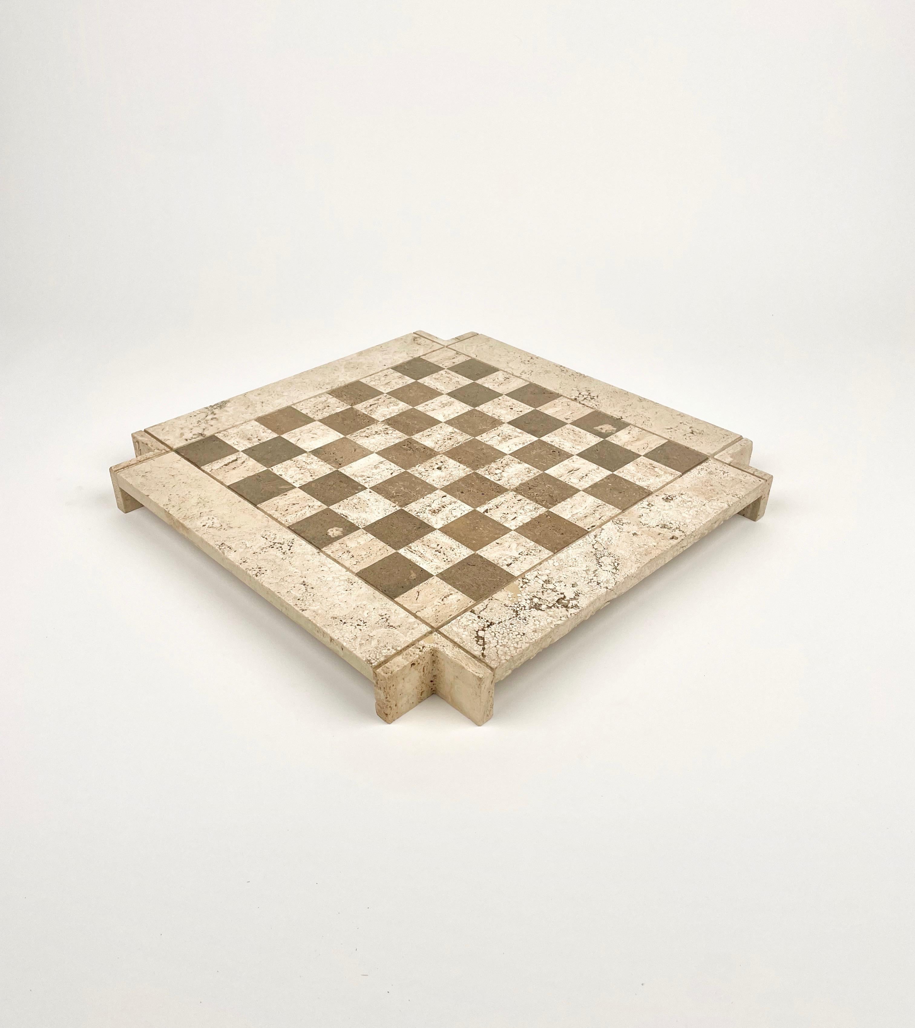 Italian Bicolor Travertine Chess Game Angelo Mangiarotti Style, Italy, 1970s For Sale