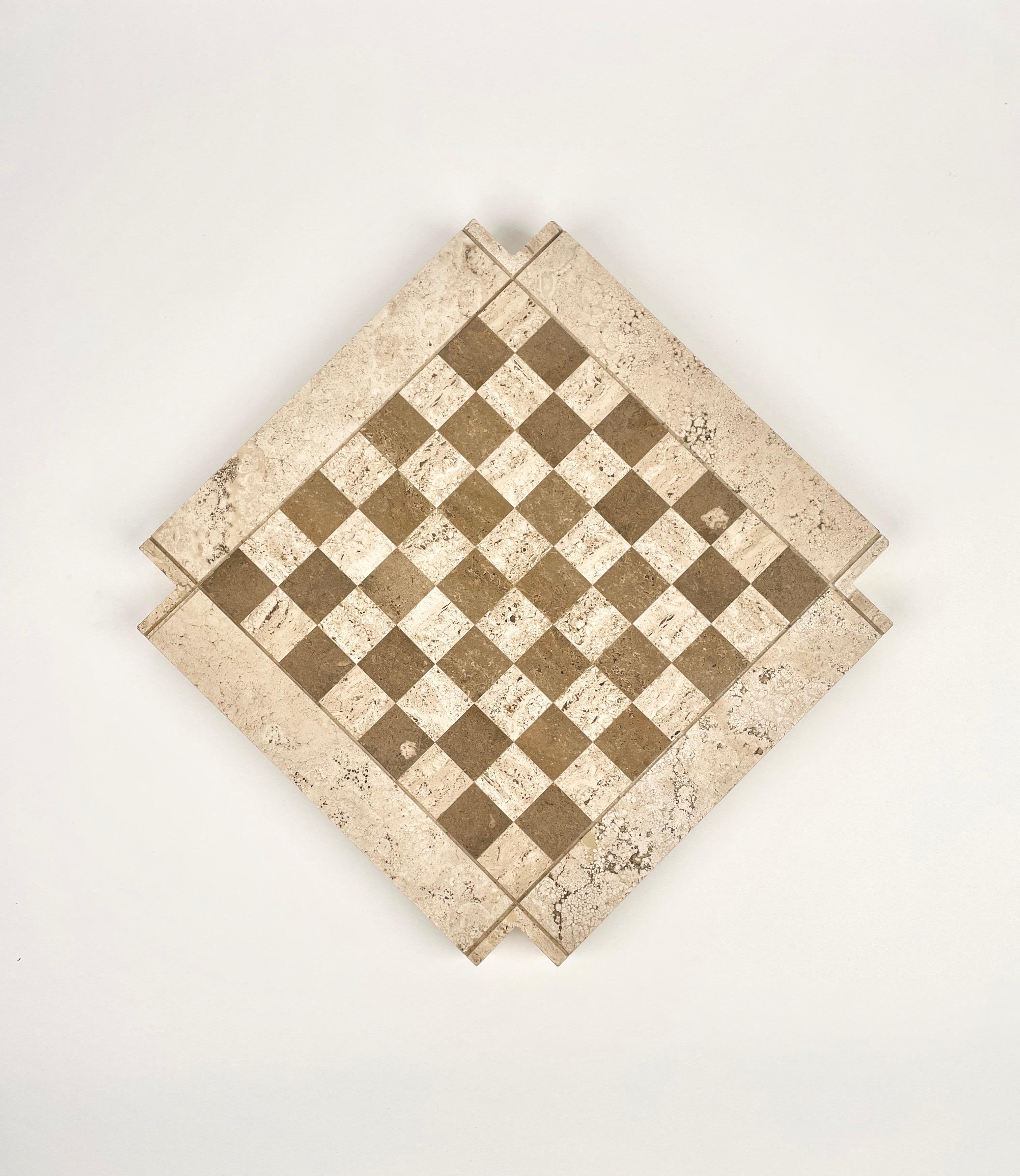 Late 20th Century Bicolor Travertine Chess Game Angelo Mangiarotti Style, Italy, 1970s For Sale