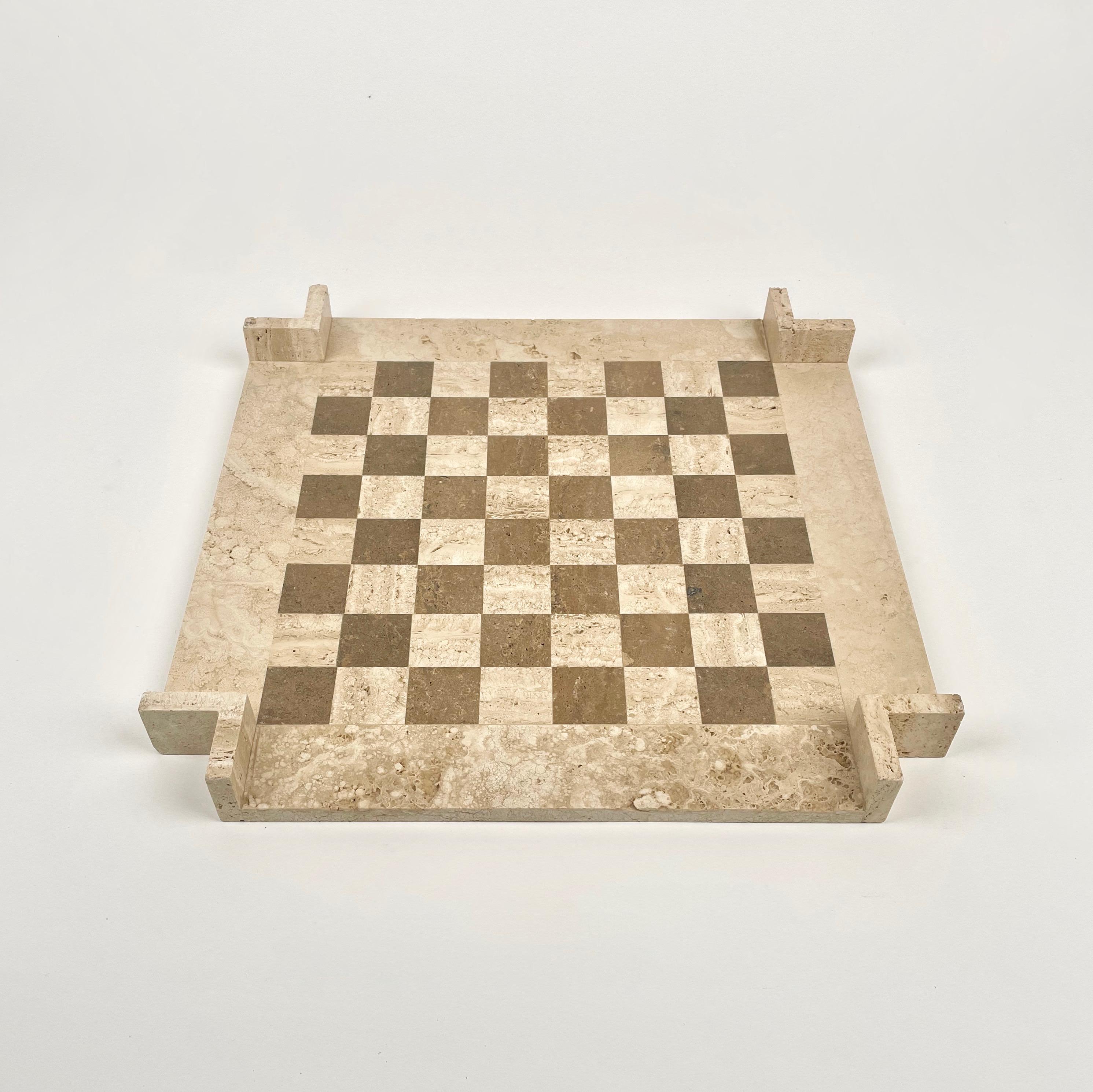 Bicolor Travertine Chess Game Angelo Mangiarotti Style, Italy, 1970s For Sale 1