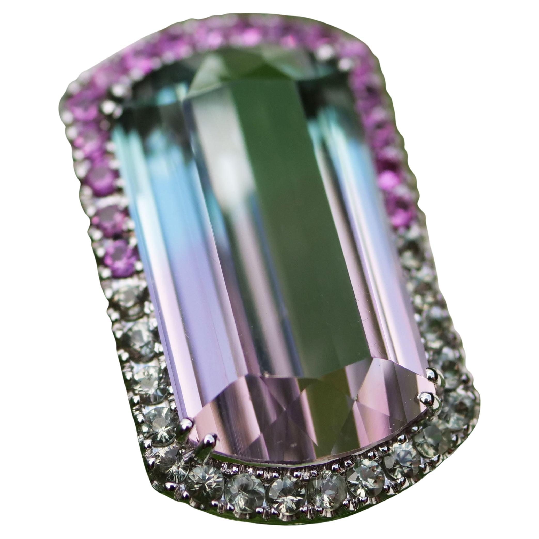Modern Bicolor Turmaline Saphire Ring baby pink blue loupeclean 14.85 ct Afghanistan For Sale