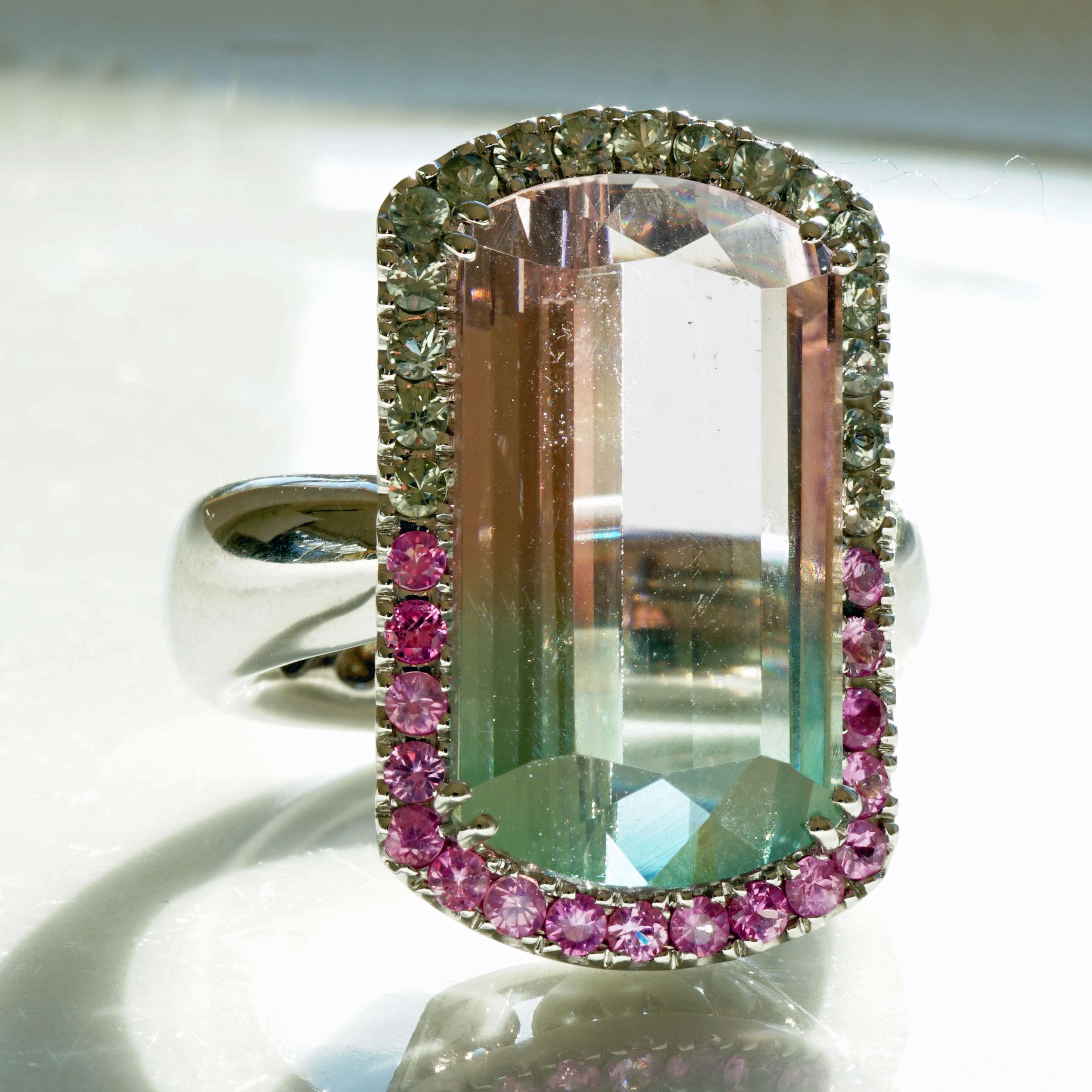 Antique Cushion Cut Bicolor Turmaline Saphire Ring baby pink blue loupeclean 14.85 ct Afghanistan For Sale