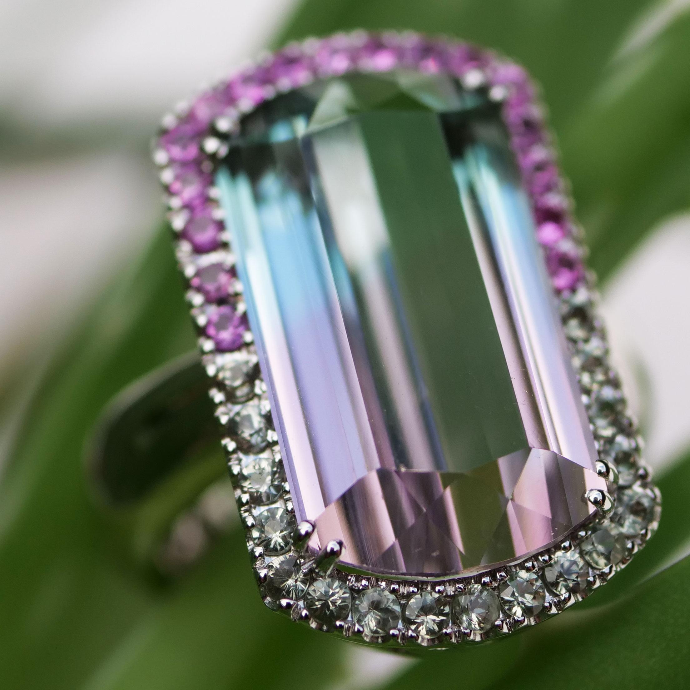 Women's or Men's Bicolor Turmaline Saphire Ring baby pink blue loupeclean 14.85 ct Afghanistan For Sale