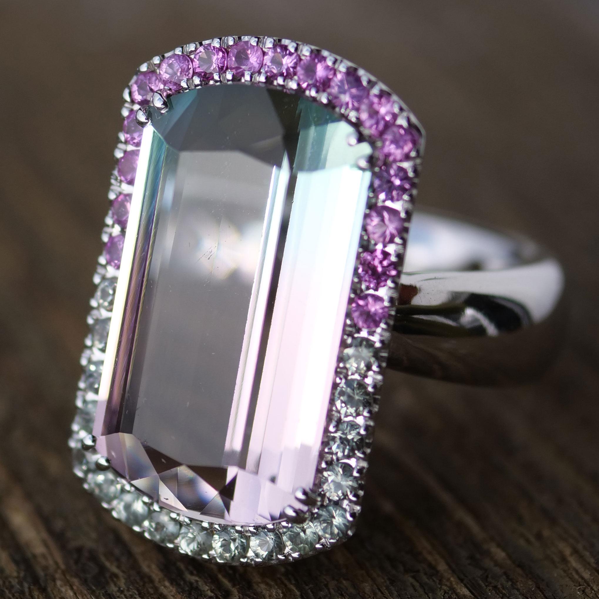 Bicolor Turmaline Saphire Ring baby pink blue loupeclean 14.85 ct Afghanistan For Sale 1
