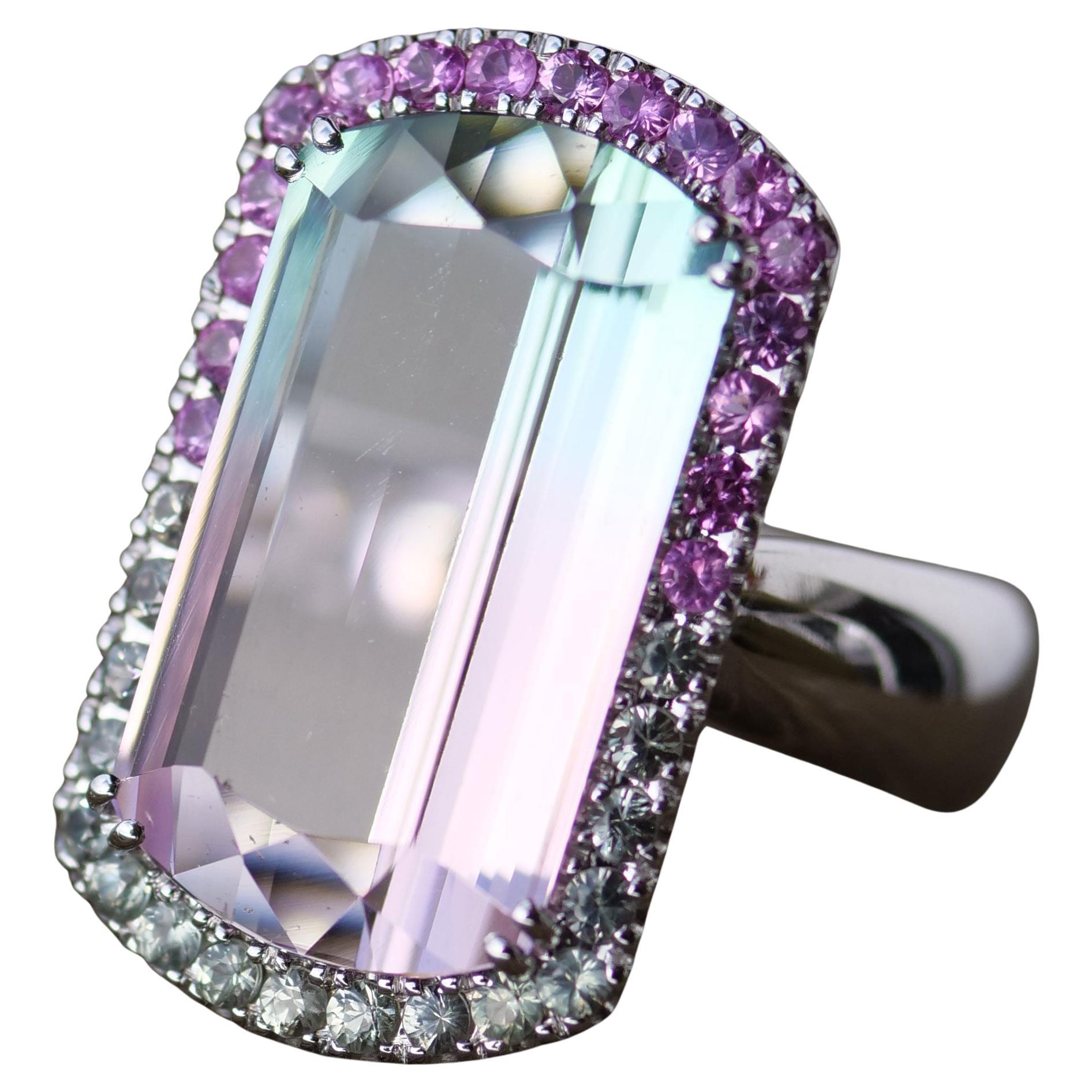 Bicolor Turmaline Saphire Ring baby pink blue loupeclean 14.85 ct Afghanistan For Sale