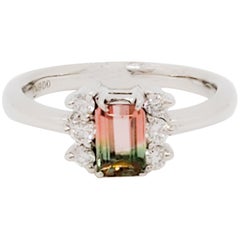 Bicolor Watermelon Emerald Cut Tourmaline and White Diamond Ring in Platinum