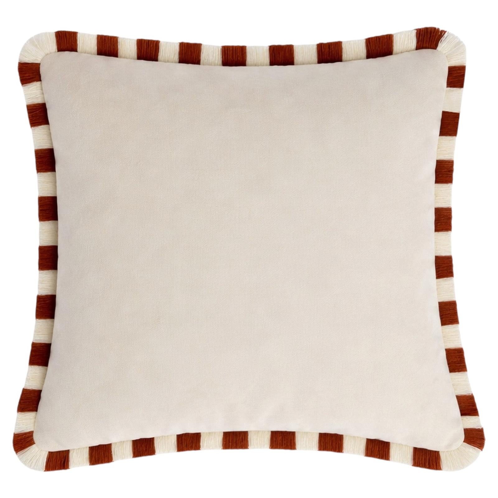 Bicolor White Velvet Cushion Brick And White Fringes
