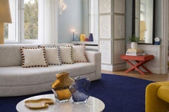 Cuscino in velluto bianco bicolore Azzurro e frange bianche